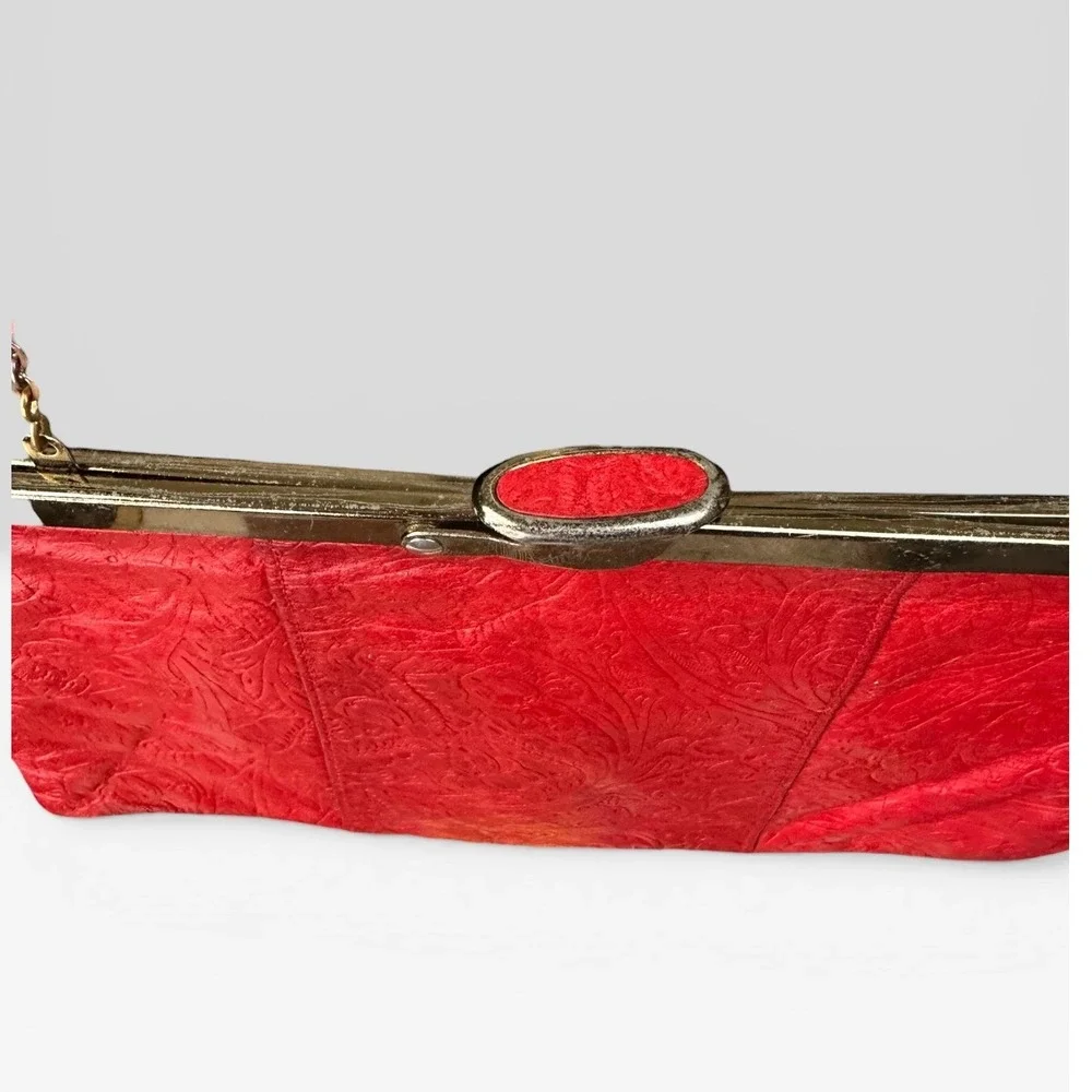 Vintage Red Embossed‎ Leather Clutch Bag Gold Chain Strap Floral Paisley Good
